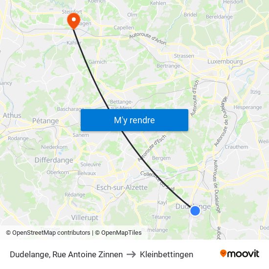 Dudelange, Rue Antoine Zinnen to Kleinbettingen map