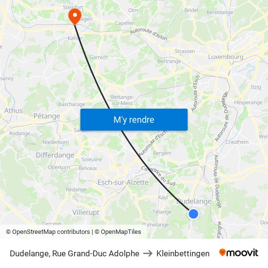 Dudelange, Rue Grand-Duc Adolphe to Kleinbettingen map