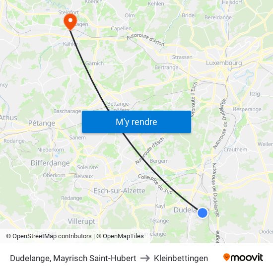 Dudelange, Mayrisch Saint-Hubert to Kleinbettingen map