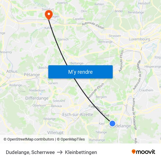 Dudelange, Scherrwee to Kleinbettingen map