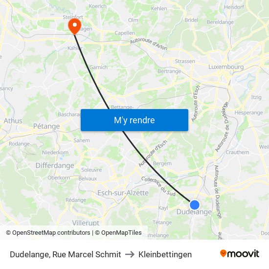 Dudelange, Rue Marcel Schmit to Kleinbettingen map