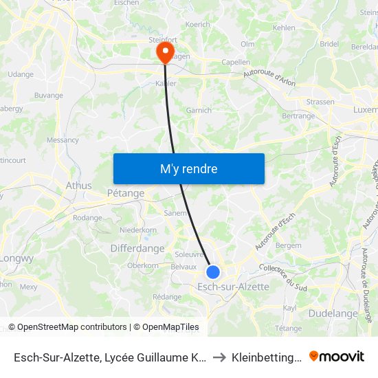 Esch-Sur-Alzette, Lycée Guillaume Kroll to Kleinbettingen map