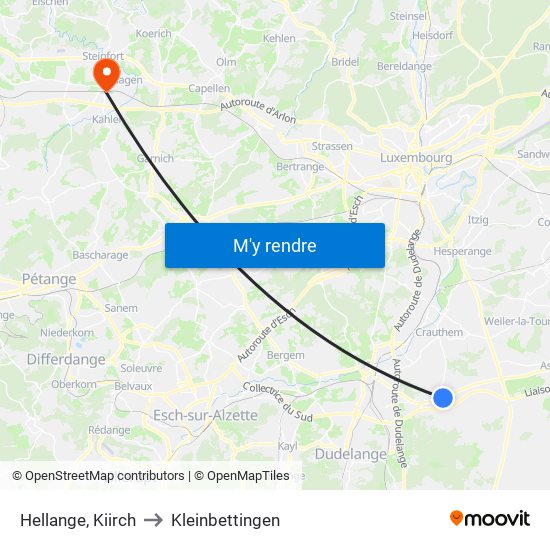 Hellange, Kiirch to Kleinbettingen map
