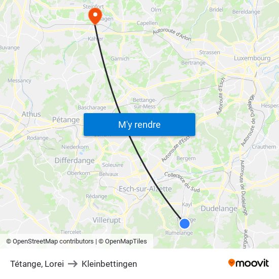 Tétange, Lorei to Kleinbettingen map