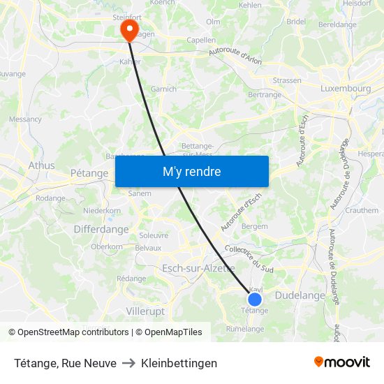 Tétange, Rue Neuve to Kleinbettingen map
