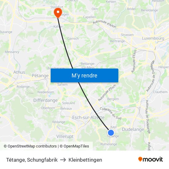 Tétange, Schungfabrik to Kleinbettingen map