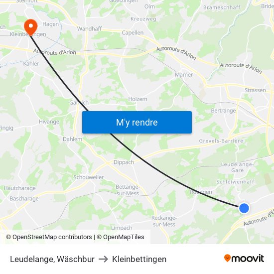 Leudelange, Wäschbur to Kleinbettingen map