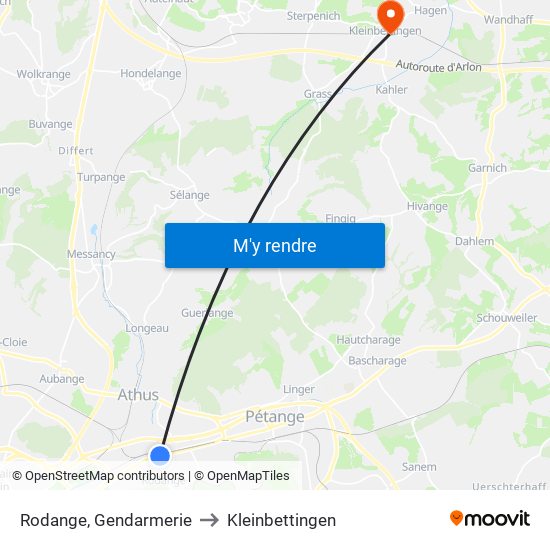 Rodange, Gendarmerie to Kleinbettingen map