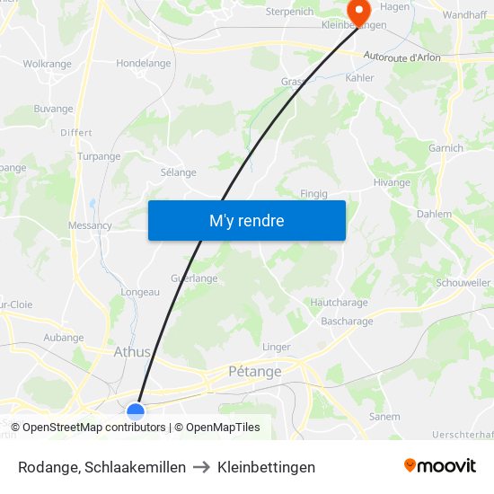 Rodange, Schlaakemillen to Kleinbettingen map