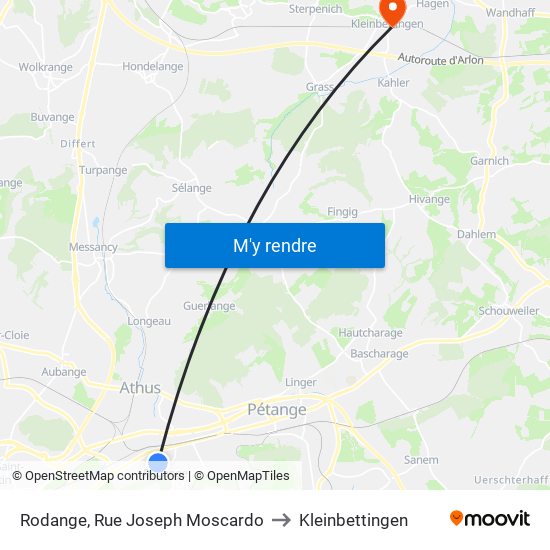 Rodange, Rue Joseph Moscardo to Kleinbettingen map