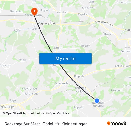 Reckange-Sur-Mess, Findel to Kleinbettingen map