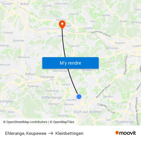 Ehlerange, Keupewee to Kleinbettingen map