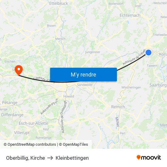 Oberbillig, Kirche to Kleinbettingen map