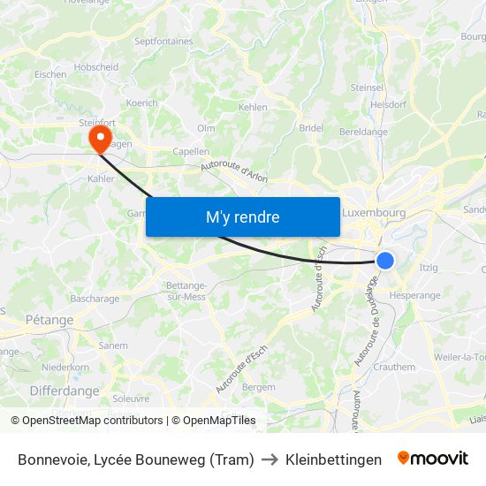 Bonnevoie, Lycée Bouneweg (Tram) to Kleinbettingen map