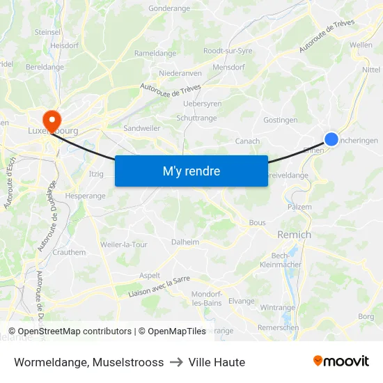 Wormeldange, Muselstrooss to Ville Haute map