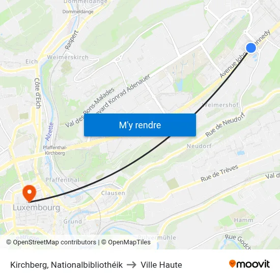 Kirchberg, Nationalbibliothéik to Ville Haute map