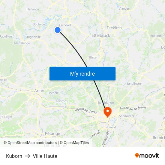 Kuborn to Ville Haute map