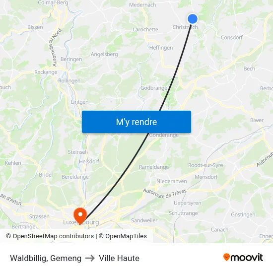 Waldbillig, Gemeng to Ville Haute map