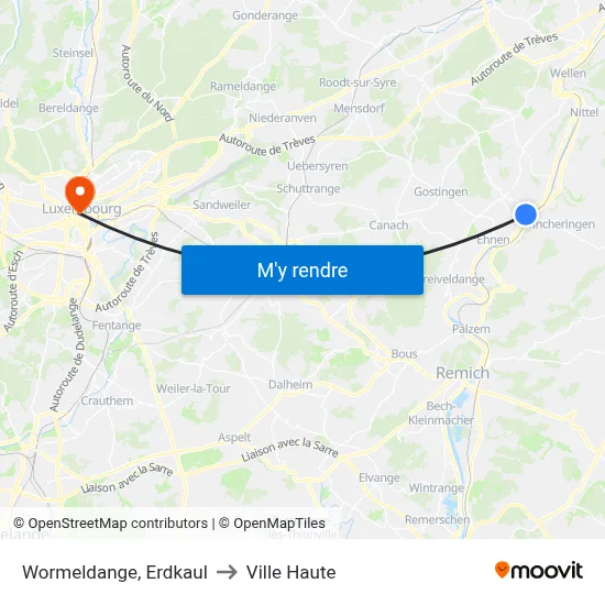 Wormeldange, Erdkaul to Ville Haute map