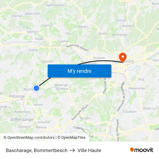 Bascharage, Bommertbesch to Ville Haute map