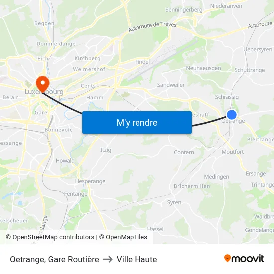 Oetrange, Gare Routière to Ville Haute map