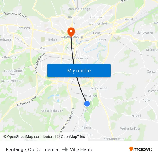 Fentange, Op De Leemen to Ville Haute map