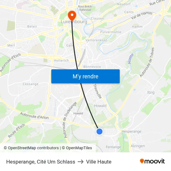 Hesperange, Cité Um Schlass to Ville Haute map