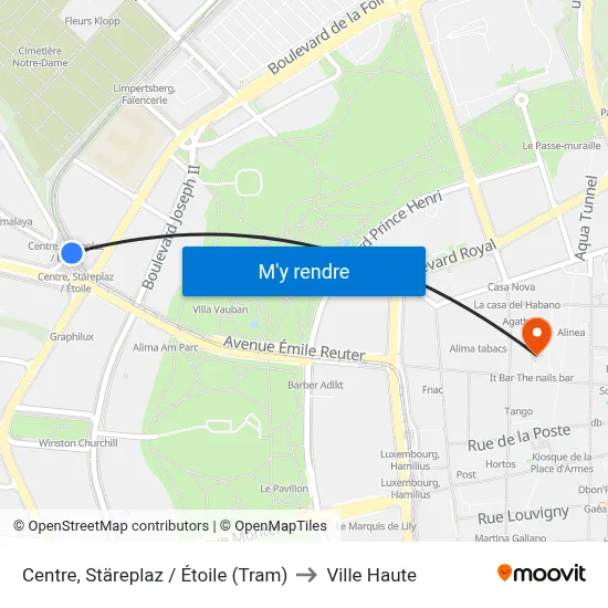 Centre, Stäreplaz / Étoile (Tram) to Ville Haute map