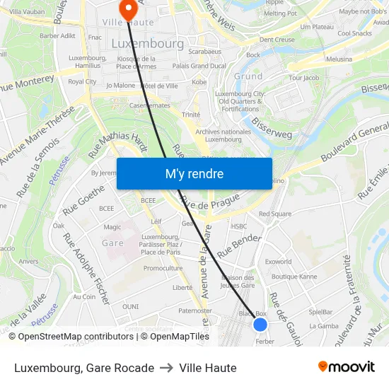 Luxembourg, Gare Rocade to Ville Haute map