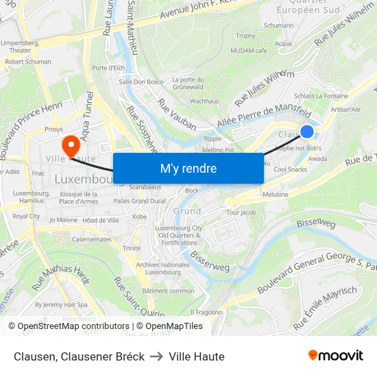 Clausen, Clausener Bréck to Ville Haute map