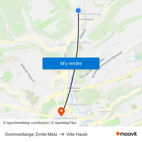 Dommeldange, Emile Metz to Ville Haute map