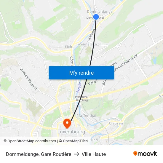 Dommeldange, Gare Routière to Ville Haute map