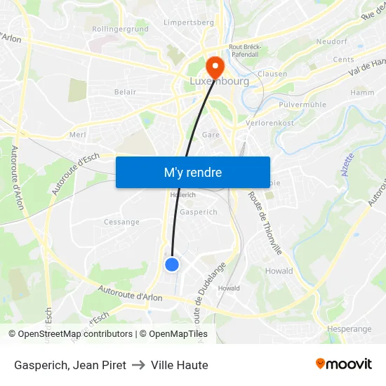 Gasperich, Jean Piret to Ville Haute map