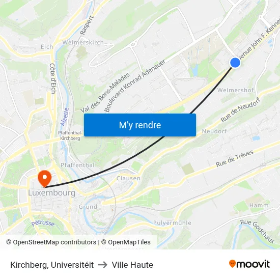 Kirchberg, Universitéit to Ville Haute map
