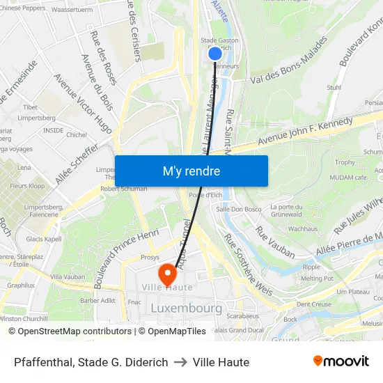 Pfaffenthal, Stade G. Diderich to Ville Haute map