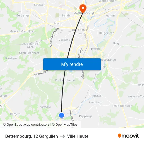 Bettembourg, 12 Gargullen to Ville Haute map