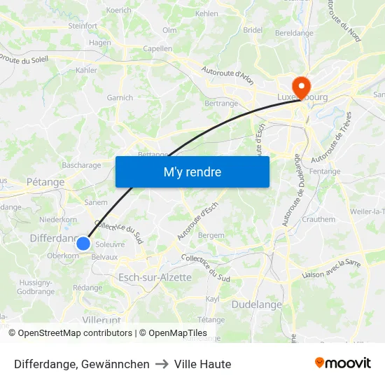 Differdange, Gewännchen to Ville Haute map