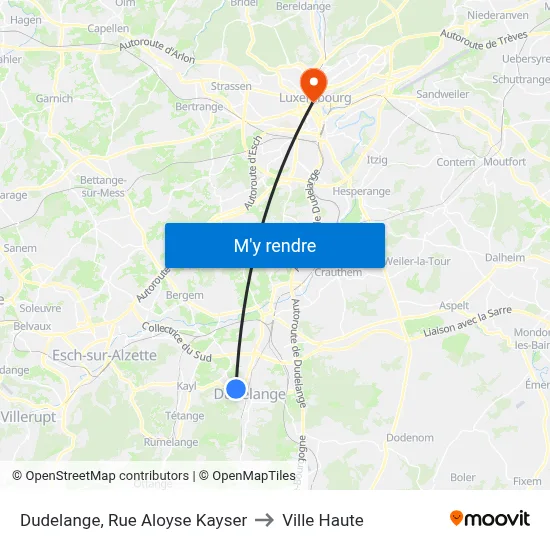 Dudelange, Rue Aloyse Kayser to Ville Haute map