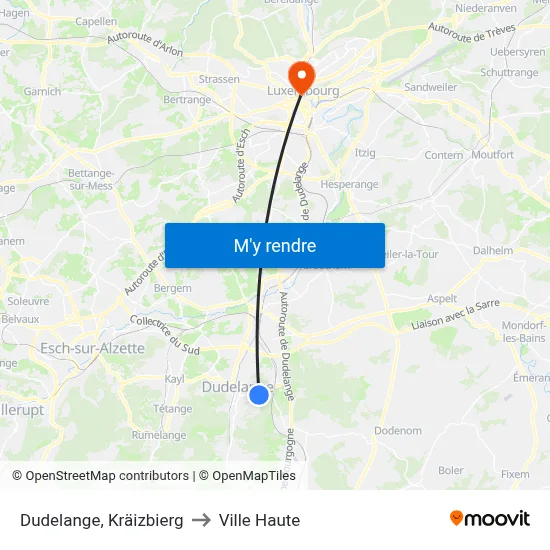 Dudelange, Kräizbierg to Ville Haute map