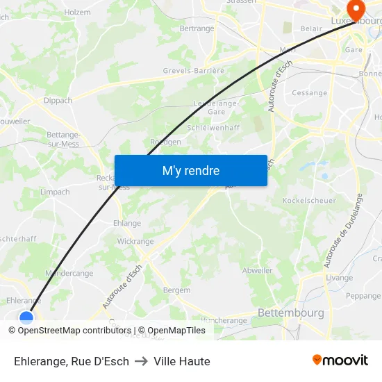 Ehlerange, Rue D'Esch to Ville Haute map