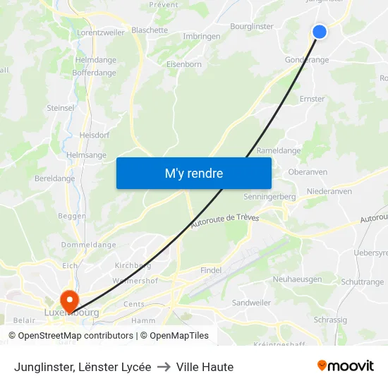 Junglinster, Lënster Lycée to Ville Haute map