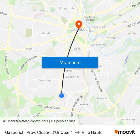 Gasperich, Prov. Cloche D'Or Quai 4 to Ville Haute map