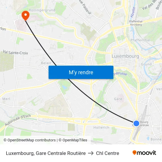Luxembourg, Gare Centrale Routière to Chl Centre map