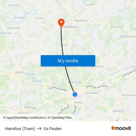 Hamilius (Tram) to Us Feulen map