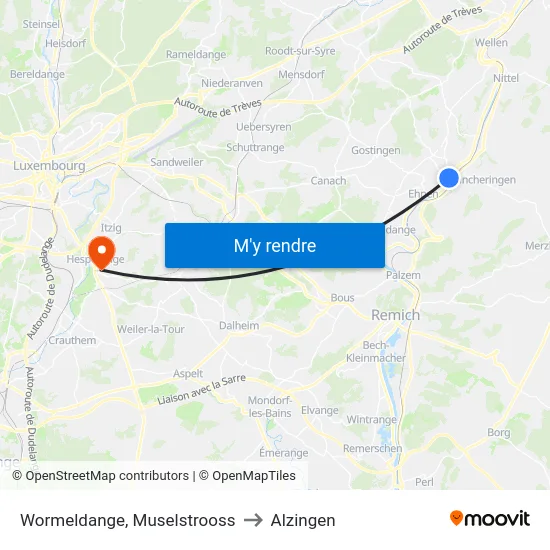 Wormeldange, Muselstrooss to Alzingen map