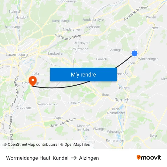 Wormeldange-Haut, Kundel to Alzingen map