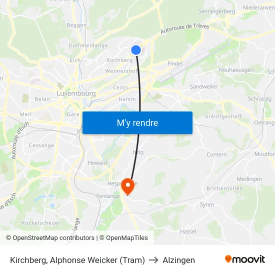 Kirchberg, Alphonse Weicker (Tram) to Alzingen map