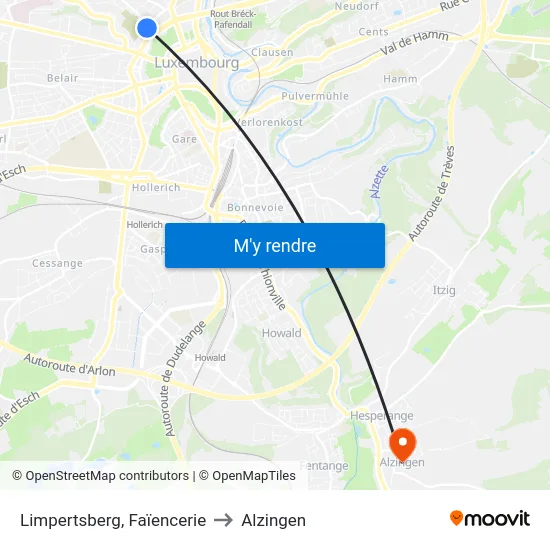 Limpertsberg, Faïencerie to Alzingen map