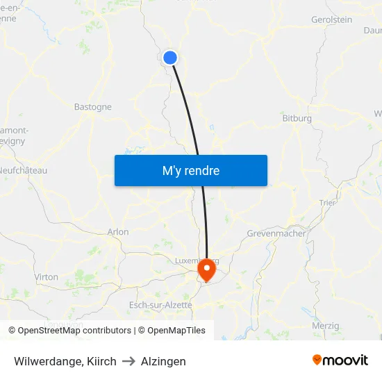 Wilwerdange, Kiirch to Alzingen map