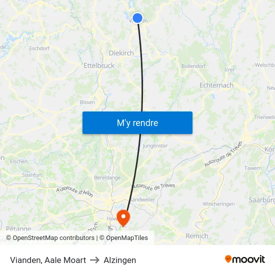 Vianden, Aale Moart to Alzingen map